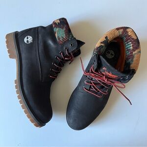 Timberland 6 Inch Heritage Warm Lined Black Boots with Camo Collar